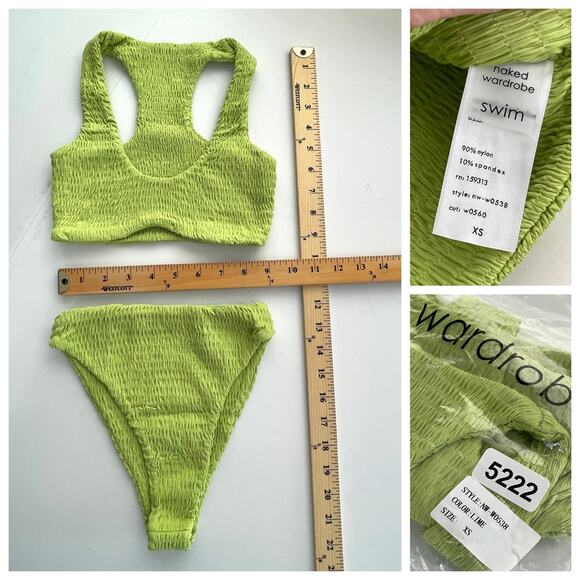 Naked Wardrobe Swim Lime Green Smocked 2 Pc Bikini NEW Sz XS Style NW-W0538 - Picture 7 of 7